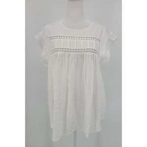 Cottagecore Renaissance Women Top Sz M Sheer Boho Crochet Eyelet Flowy Ivory